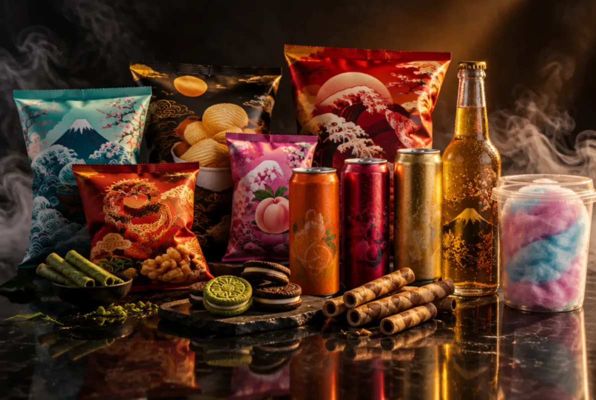Imported snacks, sodas and cotton candy on black stone with soft smoke