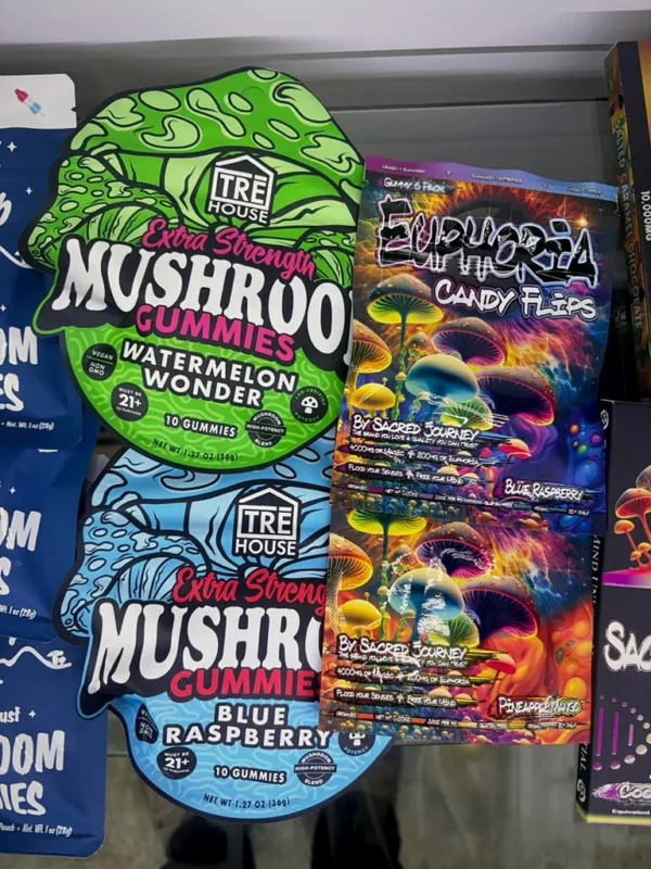 Mushroom gummies on display at Way~Up Smoke