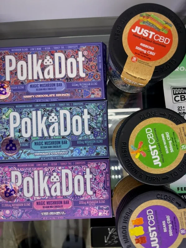 PolkaDot mushroom bars and CBD tins on display