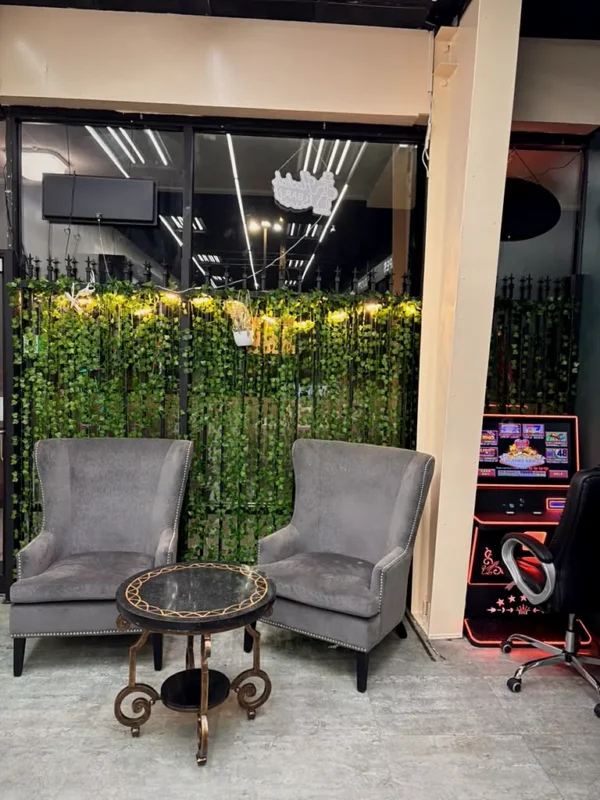 Velvet lounge chairs in front of a green living wall at Way~Up Smoke